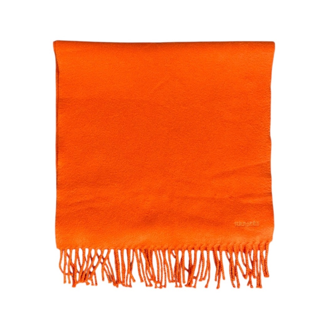Hermes Cashmere Bright Orange Fringe Scarf